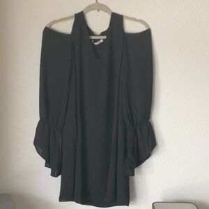 NWT Three Eighty Two Black Cold Shoulder Long Ruffled Sleeve Mini Dress